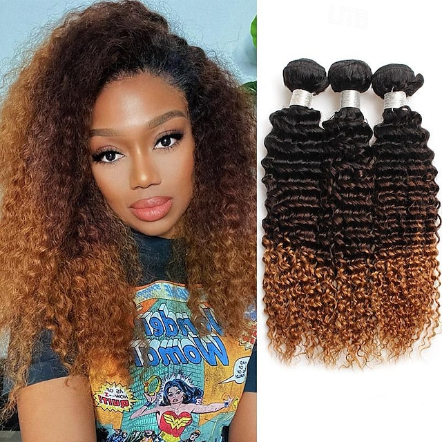  10A Brazilian Kinky Curly Human Hair Bundles Ombre Hair Extension Brown Colored Curly Hair Bundles Remy Human Hair Weave 3/Bundle