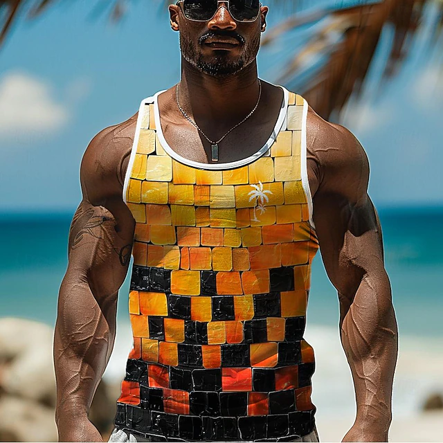 Men's Lattice Coconut Vest Top Sleeveless T shirt 3D Print Crew Neck Shirt Vacation Fashion Hawaiian Casual Daily Hawaiian Blue Orange Summer Spring Clothing Apparel Normal S M L XL XXL XXXL 5
