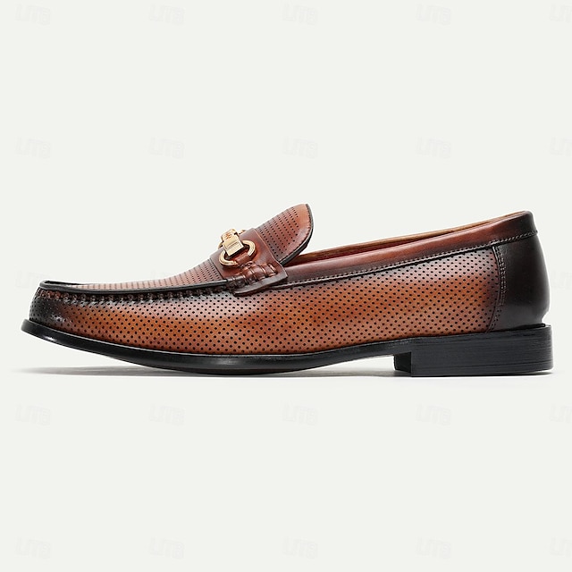  Men's Dress Loafers Perforated Leather Gold Horsebit