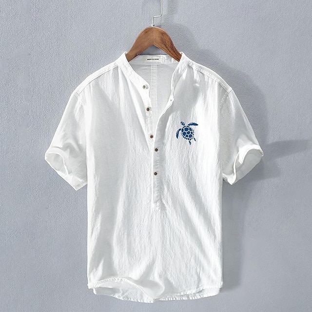  Men's Shirt Linen Shirt Casual Shirt Cotton Shirt White Navy Blue Light Blue Short Sleeve Turtle Band Collar Summer Street Hawaiian Clothing Apparel