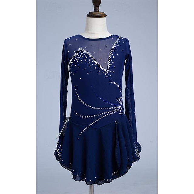  Φόρεμα για φιγούρες πατινάζ Γυναικεία Κοριτσίστικα Patinaj Φορέματα Σκούρο μπλε Κουρελού Οπή για τον αντίχειρα Δίχτυ Σπαντέξ Ελαστικό Εκπαίδευση Εξάσκηση Επαγγελματική Ενδυμασία πατινάζ