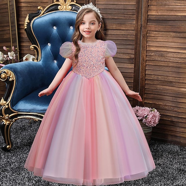  Kids Girls' Dress Party Dress Sequin Short Sleeve Wedding Birthday Princess Sweet Polyester Mesh Summer Spring Fall 3-12 Years Multicolor Pink Blue