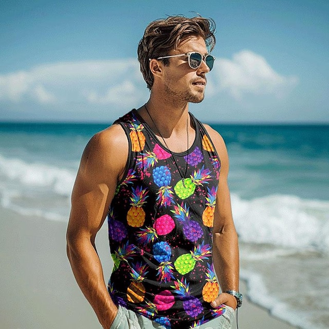  Graphic Pineapple Vacation Tropical Designer Men's 3D Print Vest Top Sleeveless T Shirt for Men Party Daily Gym T shirt Black Sleeveless Crew Neck Shirt Spring & Summer Clothing Apparel S M L XL 2XL