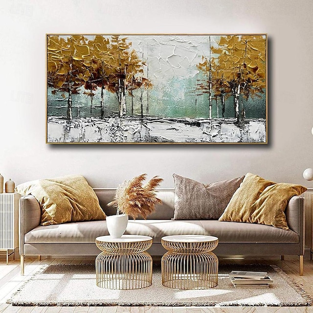  Ręcznie robiony obraz olejny na płótnie dekoracja ścienna złote drzewo abstrakcyjny krajobraz leśny do wystroju domu zwinięty obraz bezramowy, nierozciągnięty