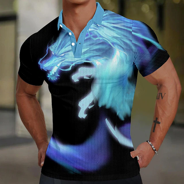 Men's Dragon Golf Shirt Short Sleeve Polo Shirts Collared Shirts Funny Streetwear Vacation Wear Party Outfits Buttons 3D Print Summer Spring White Blue 5