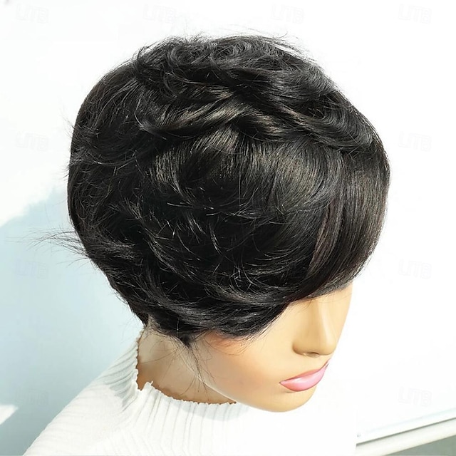  Pixie Cut Wig for Black Women Short Human Hair Wigs None Lace Front Wig Short Layered Wigs with Bangs for Daily Wear Natural Color