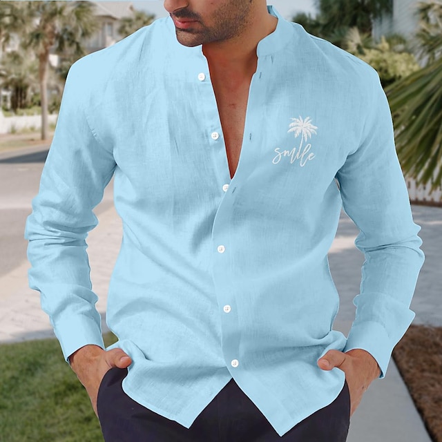  Hombre Poliéster Lino Camisa camisa de lino Hoja Estampados Estampado Manga Larga Escote Chino Azul Piscina Camisa Exterior Calle Casual