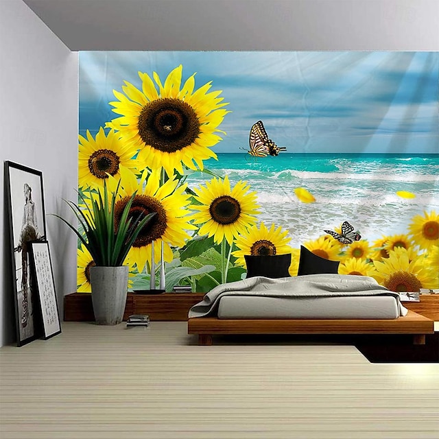  Sunflower Beach Hanging Tapestry Wall Art Large Tapestry Mural Decor Photograph Backdrop Blanket Curtain Home Bedroom Living Room Decoration