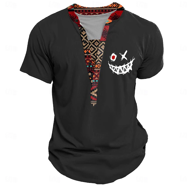 Smile Face Men's Ethnic Style 3D Print T shirt Tee Henley Shirt Casual Daily T shirt Black Khaki Short Sleeve Henley Shirt Summer Clothing Apparel S M L XL XXL 3XL 5