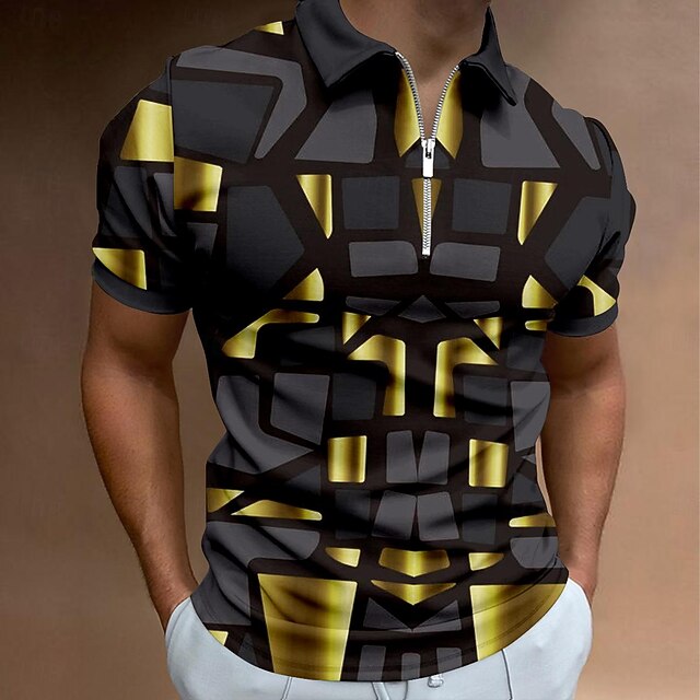 Men's Graphic Zip Polo Shirts Golf Shirt Short Sleeve Polo Shirts Collared Shirts Casual Vacation Wear Rave Wear Party Outfits 3D Print Quarter Zip Polo Summer Golden yellow Black Navy Blue 7