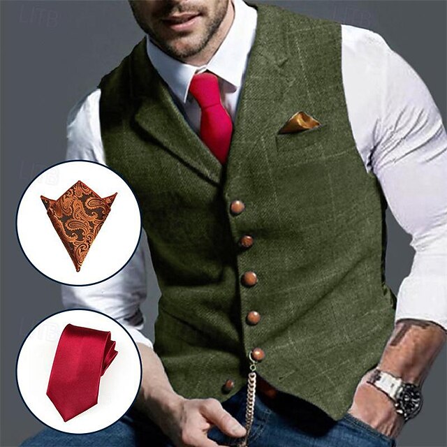 Vintage Green Peak Lapel Slim Fit Single Breasted Solid Color Men's Vest main image 0
