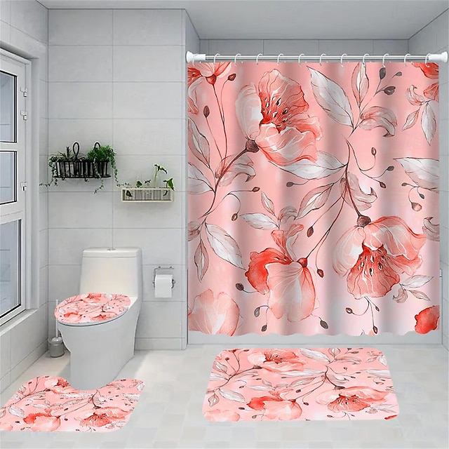  4-teiliges Blumen-Duschvorhang-Set mit robustem Anti-Rutsch-Badezimmer und stabiler Badezimmermatte aus wasserfestem Pflanzenblumen-Polyester mit 12 Haken für die Badezimmerdekoration