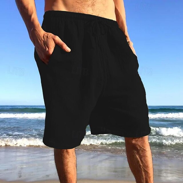  Men's Linen Shorts Summer Shorts Beach Shorts Pocket Drawstring Elastic Waist Plain Comfort Breathable Short Holiday Vacation Beach Hawaiian Boho Black White