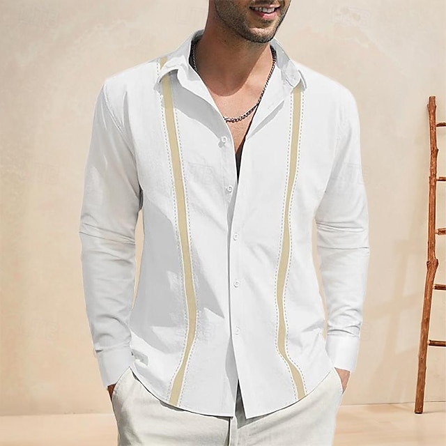  Per uomo Camicia camicia di lino Maglietta informale Camicia di cotone Color Block Hawaiano Per eventi Nero Bianco Blu marino Azzurro cielo Manica lunga Bavero Primavera & Autunno Abbigliamento