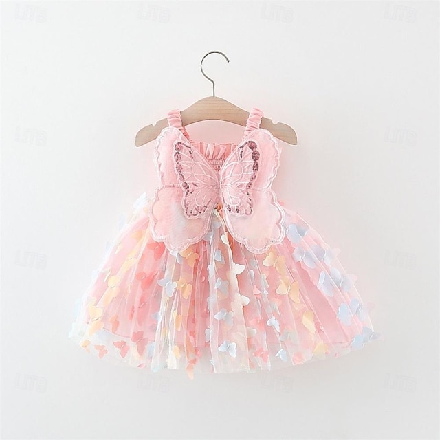  Robe cami froncée papillon 3d pour petites filles, sans manches, superposée, vêtements décontractés, robe de princesse, été