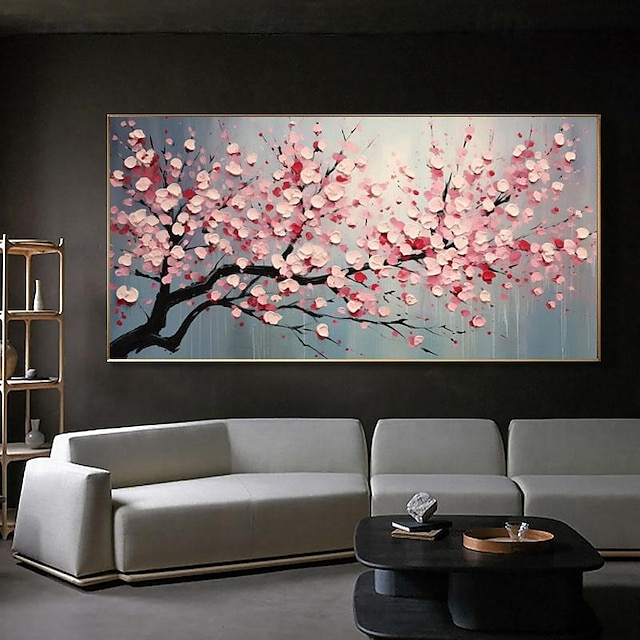  咲く桃の花の油絵 手描きの花の木の風景 キャンバスに リビングルームの室内装飾用 フレームなしのモダンな壁アート
