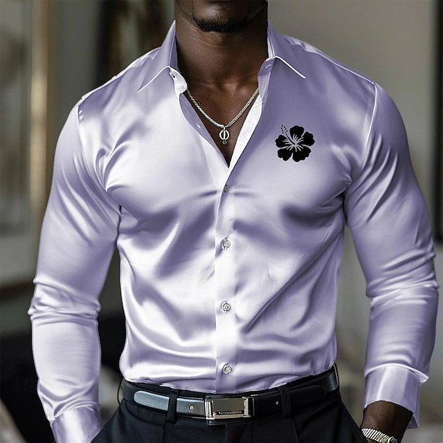 Men's Satin Shirt Dress Shirt Button Up Shirt Vacation Street Violet Black White Apricot Long Sleeve Turndown Fall Spring & Summer Clothing Apparel Button Up 7