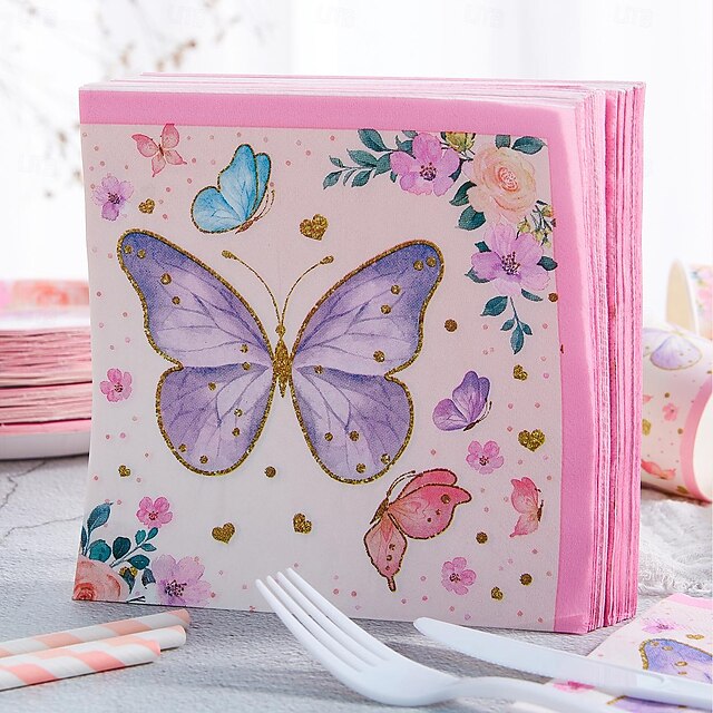 25 db/szett pillangós eldobható szalvéta 13*13 hüvelykes 2 szintes rózsaszín virágos pillangós buli papír eldobható színes kerti virágok tavasszal és nyáron és pillangós törölközők esküvői születésnap