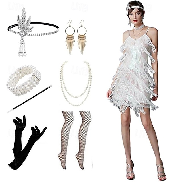  Roaring 20s 1920s Vintage Inspired The Great Gatsby Outfits Party Costume Masquerade JSK / Jumper Skirt The Great Gatsby Women's Tassel Fringe Solid Color Tassel V Neck Halloween Halloween Party