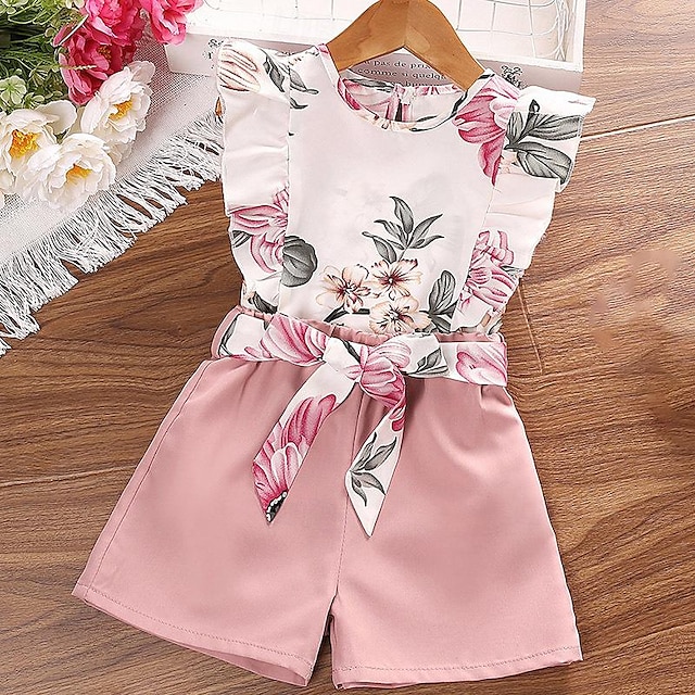  2 Pieces Kids Girls' Floral Shorts Suit Set Sleeveless Active Outdoor Cotton 3-7 Years Summer Multicolor Pink Wine