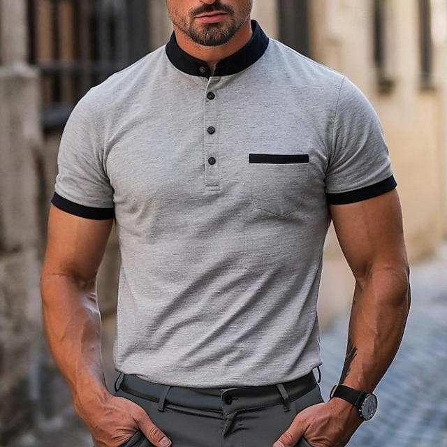  Men's Polo Shirt Golf Shirt Work Business Stand Collar Short Sleeve Fashion Basic Plain Button Summer Regular Fit Light Gray Polo Shirt