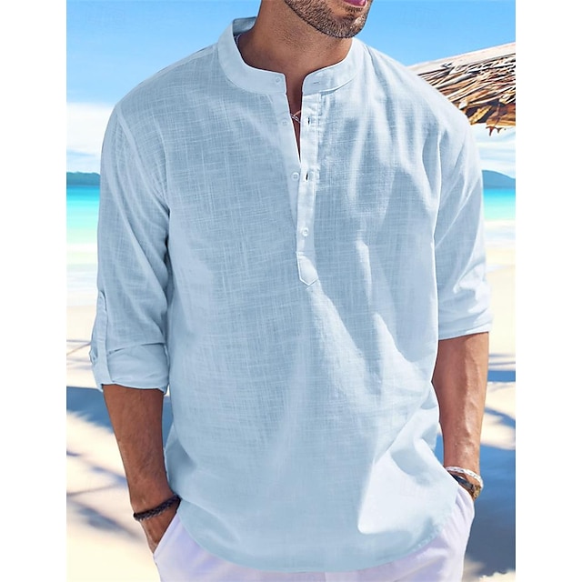  Pánské Košile plátěná košile Popover košile Letní košile Plážová košile Bílá Vodní modrá Khaki Dlouhý rukáv Bez vzoru Kulatý límeček Jaro léto Ležérní Denní Oblečení
