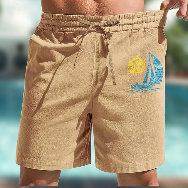  kokospalm heren katoenen linnen shorts zomer Hawaiiaanse shorts strandshorts print trekkoord elastische taille ademend zacht 20% linnen shorts casual dagelijks vakantie streetwear