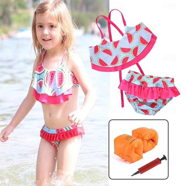  kisgyermek lány kétrészes fürdőruha bikini gyereknapi gyümölcs aktív mintás fürdőruha 1-5 éves nyári piros kar úszóval& szivattyú
