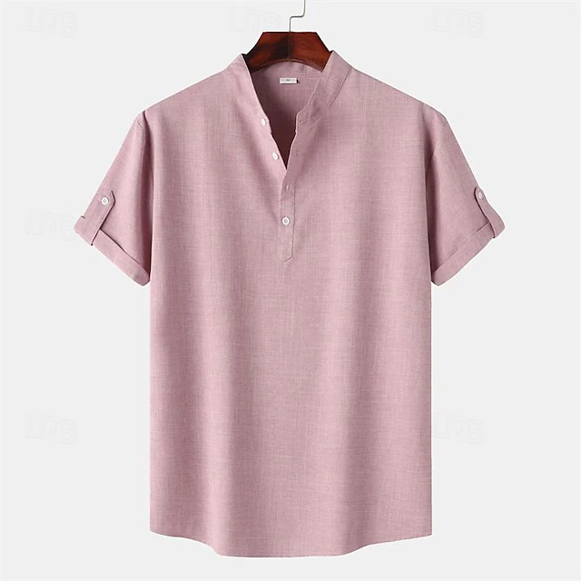 Men's Shirt Linen Shirt Chinese Collar Shirt Mandarin Collar Shirt Casual Shirt Cotton Shirt Plain Vacation Street Black Yellow Light Green Pink Short Sleeve Band Collar Summer Clothing Apparel 28