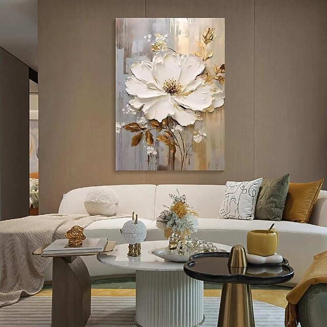 Hand painted Textured GOLD flower oil painting Wall Art Abstract White ...