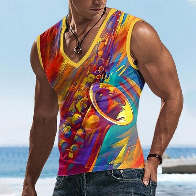 Men's Musical Instrument Country Music Jazz Music Undershirt Sleeveless T shirt 3D Print Crew Neck Shirt Sports Casual Street Daily Holiday Yellow Summer Clothing Apparel S M L XL 2XL 3XL4