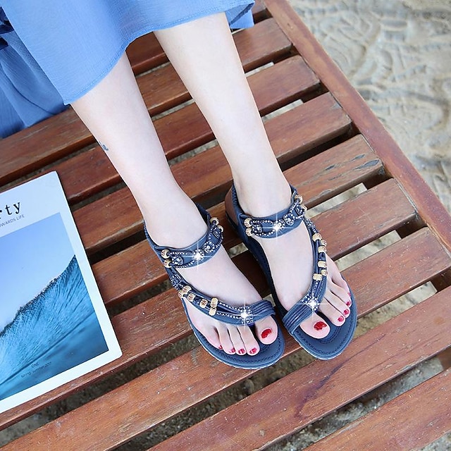  dámské boty bohémské sandály retro kamínkové korálkové sandály s kulatou špičkou ploché sandály hovězí šlacha měkká podrážka boty beatirce bílé sandály černé sandály modré sandály