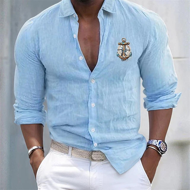 Men's Shirt Cotton Linen Shirt White Cotton Shirt Casual Shirt Anchor Casual Daily Black White Pink Gray Long Sleeve Turndown Summer Clothing Apparel 6
