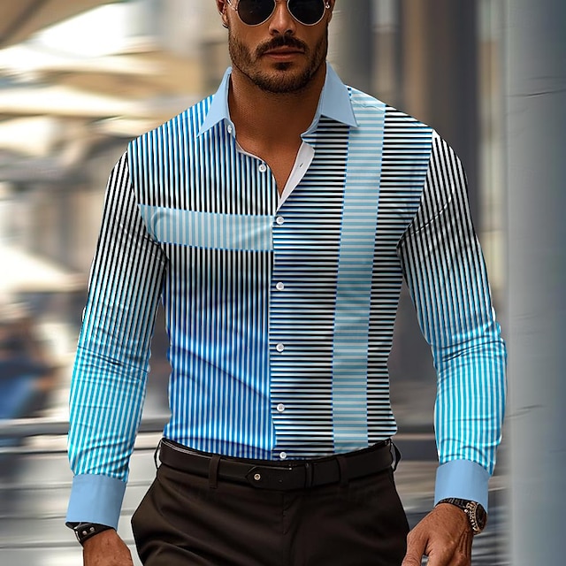  Geometric Business Casual Men's Shirt Business Casual Summer Spring Shirt Collar Long Sleeve Black, Blue S, M, L Polyester Shirt