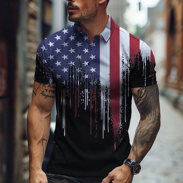 Men's American Flag Veterans Polo Shirts Golf Shirt Short Sleeve Polo Shirts Collared Shirts Casual Vacation Wear Party Outfits Buttons 3D Print Spring & Summer Black White 5