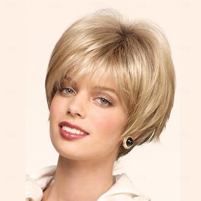  kort blond pixie cut peruk för kvinnor syntetisk peruk rak med lugg peruk kort blont syntetiskt hår dam blond