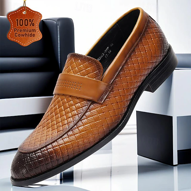 Elegant Men's Woven Leather Loafers with Contrast Strap - Sleek Dress Shoes for Formal Occasions 10