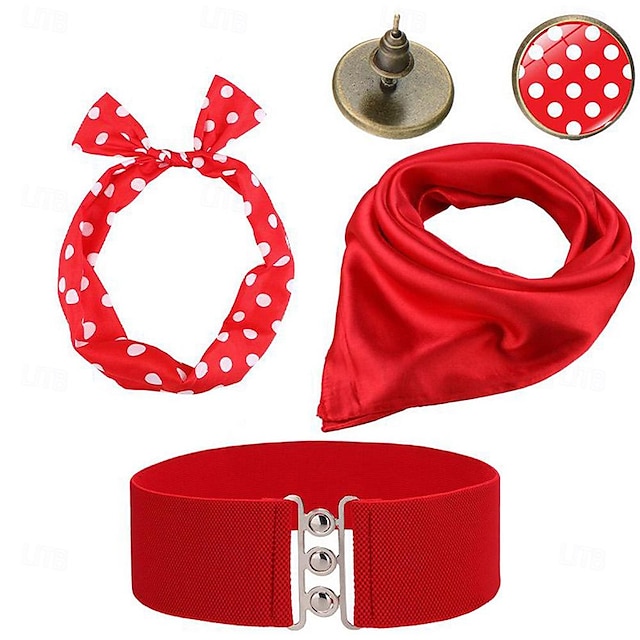  50'er tilbehørssæt retro vintage 1950'er kvinder kostume tilbehør sæt rødt talje bælte polkaprikker bandana binde pandebånd øreringe tørklæde 1950'erne festindretning