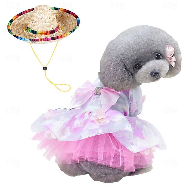  chien chat robe avec chapeau de soleil graphique bowknot mode mignon fête dailywear chien vêtements chiot vêtements chien tenues respirant violet rose rose costume