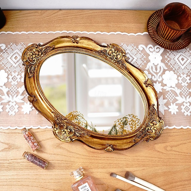  Plateau décoratif de miroir ovale en bronze antique classique - décoration de miroir de bureau en résine de style court vintage, adapté à la vanité de maquillage, au rangement de bijoux, aux