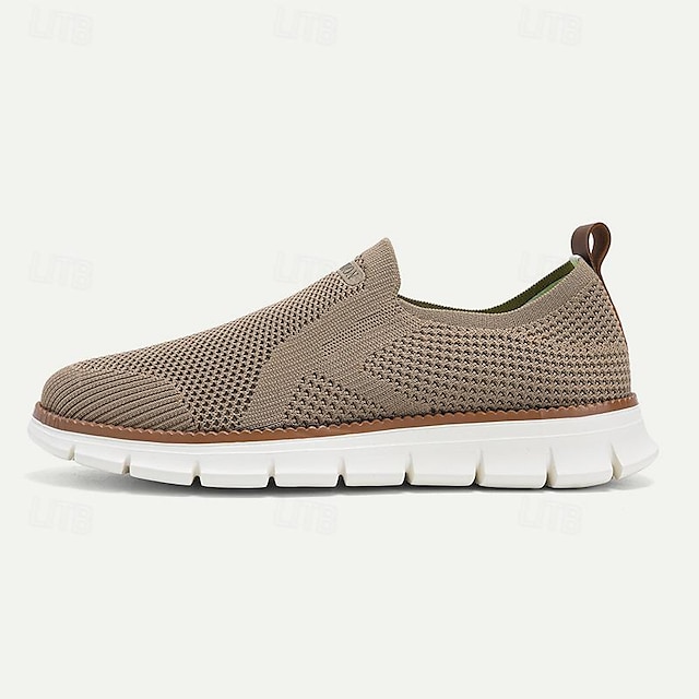  hvite slip-on, pustende, strikkede sneakers for menn med lett såle - uformelle gåsko for sommer og hverdagsbruk