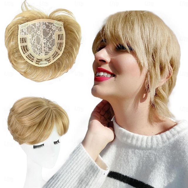  nakładka na blond krótkie włosy z naturalną grzywką luźna fryzura pixie nakładka do włosów z klipsem dla kobiet z przerzedzającymi się włosami syntetyczne treski do włosów