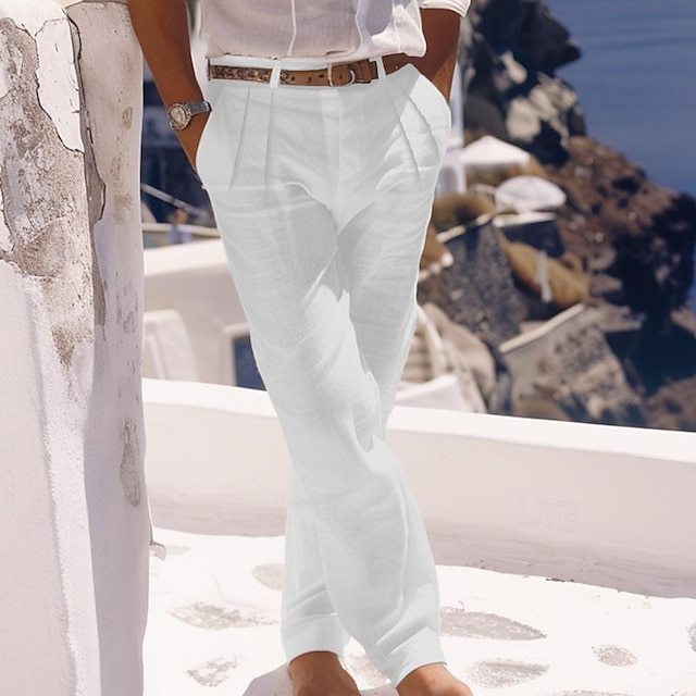  Per uomo Pantaloni di lino Pantaloni Pantaloni estivi Pantaloni da spiaggia Pulsante Tasche Plissettato Liscio Comfort Traspirante Giornaliero Per eventi Da mare Hawaiano Boho Bianco Cachi