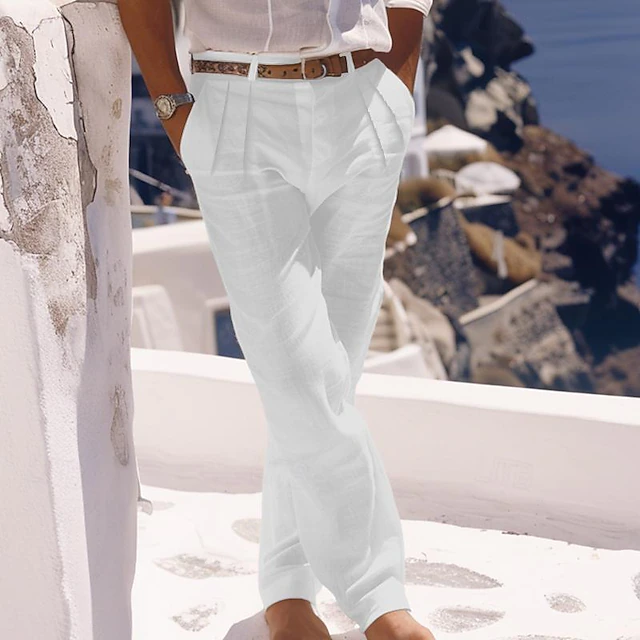 Men's Linen Pants Trousers Summer Pants Beach Pants Buttons Pocket Pleats Plain Comfort Breathable Daily Holiday Vacation Hawaiian Boho White Khaki 8