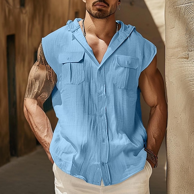  Pánské Košile plátěná košile Letní košile Plážová košile Trávová zelená Khaki Nebeská modř Bez rukávů Pevná barva Kapuce Léto Ležérní Denní Oblečení