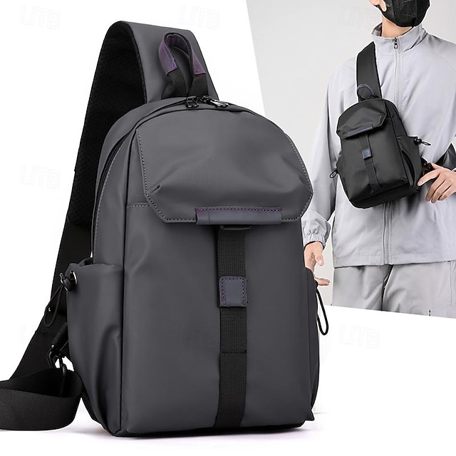  Men's Crossbody Bag Nylon Daily Zipper Large Capacity Foldable Lightweight Solid Color Black Gray