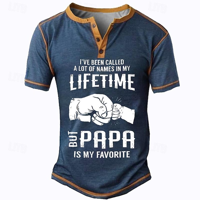  Papa-Shirts zum Vatertag, Papa-Wort, tägliches Henley-Streetstyle-T-Shirt für Herren mit 3D-Aufdruck, T-Shirt, blau, kurzärmliges Henley-Kragen-Shirt, Sommer-/Frühlingskleidung, S, M, L, XL, XXL, 3XL