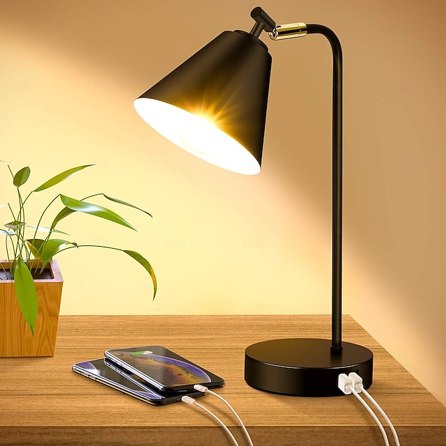  Lámpara de escritorio industrial regulable con 2 puertos de carga USB, salida de CA, control táctil, mesita de noche, lámpara de lectura, cabeza flexible, lámpara de mesa de metal negro para