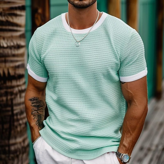  Men's Waffle Knit Tee Tee Top Solid Color Color Block Crew Neck Outdoor Casual Short Sleeve Button Clothing Apparel Fashion Designer Comfortable