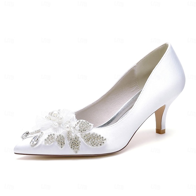  Női Esküvői cipők Valentin-napi ajándékok Fehér cipők Esküvő Parti Bálint nap Menyasszonyi cipők Strasszkő Szatén virág Gyöngydíszítés Alacsony Erősített lábujj Elegáns Divat Pazar Szatén Papucs